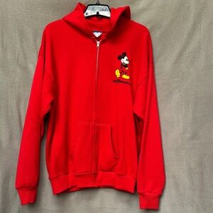Vintage Disney Red Zipper Hoodie with Mickey Mouse Design Made in U.S.A. Tag